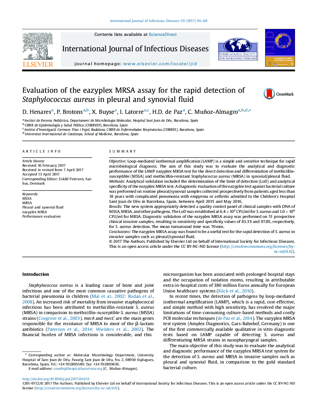 Evaluation of the eazyplex MRSA assay for the rapid detection of Staphylococcus aureus in pleural and synovial fluid