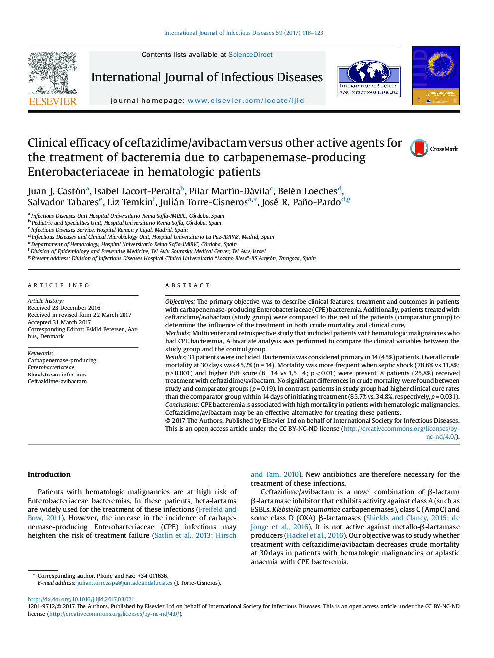 Clinical efficacy of ceftazidime/avibactam versus other active agents for the treatment of bacteremia due to carbapenemase-producing Enterobacteriaceae in hematologic patients