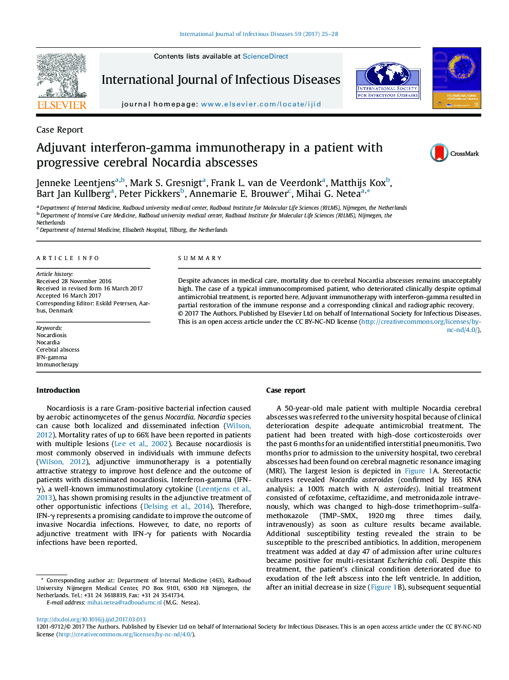 Adjuvant interferon-gamma immunotherapy in a patient with progressive cerebral Nocardia abscesses