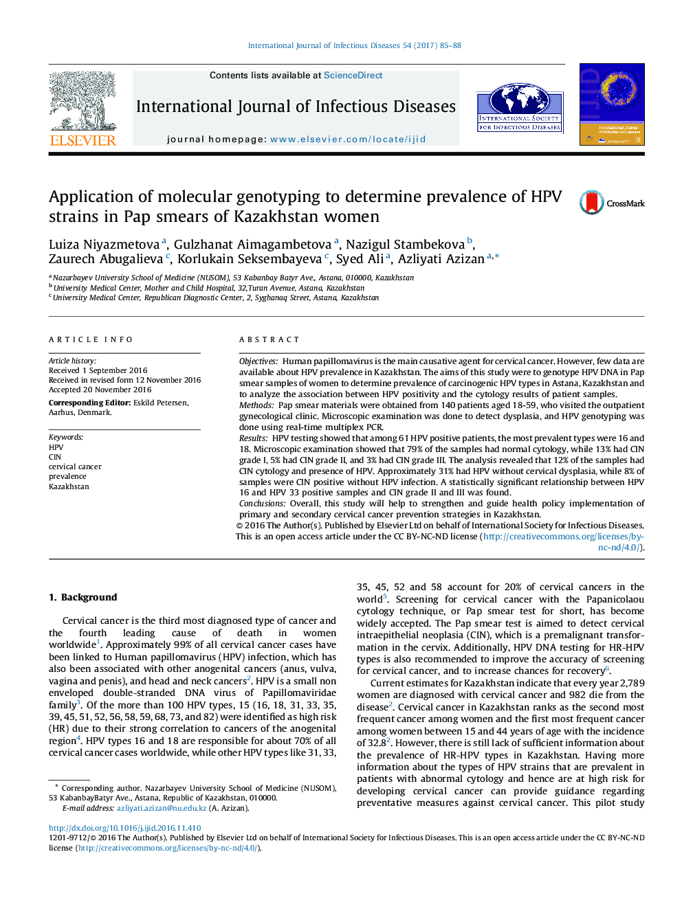 Application of molecular genotyping to determine prevalence of HPV strains in Pap smears of Kazakhstan women