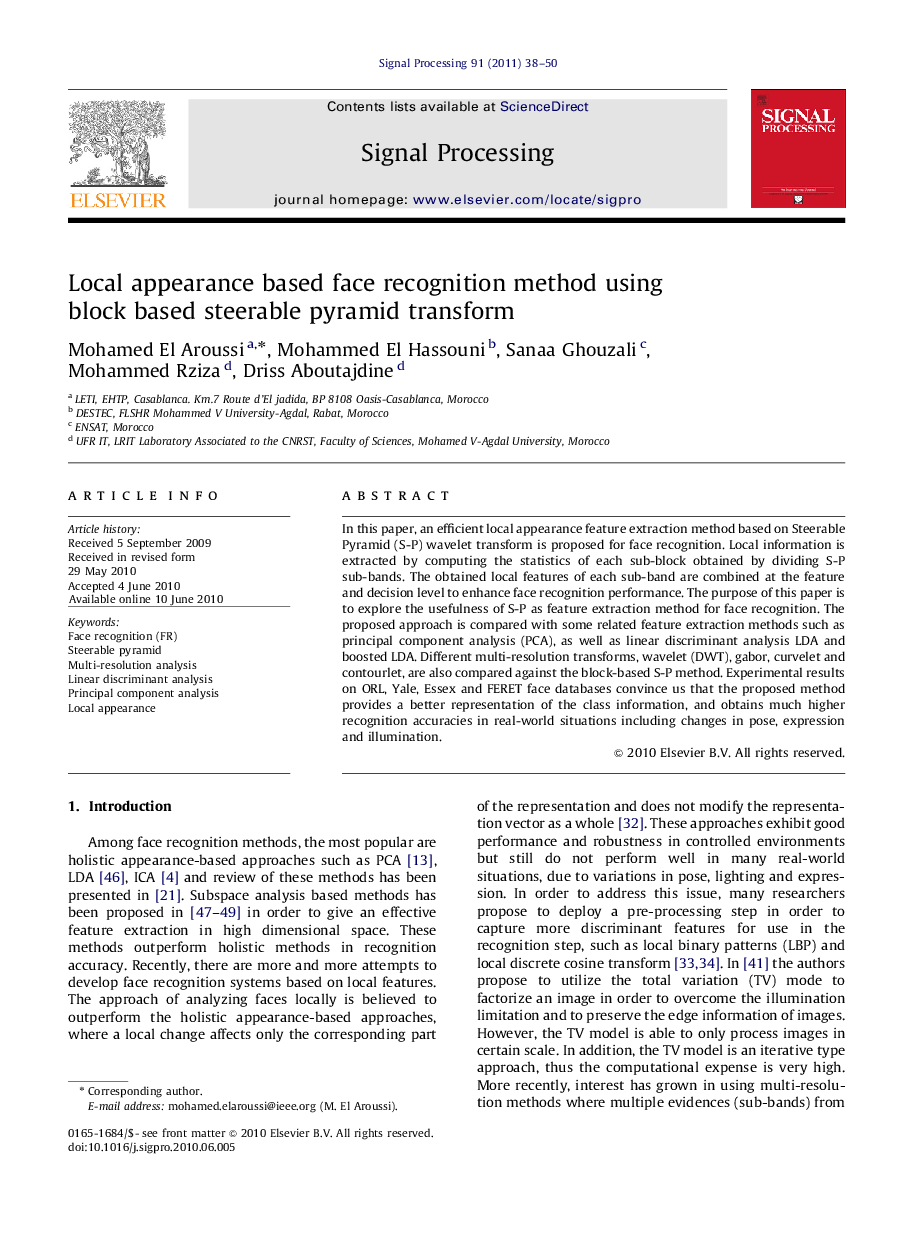 Local appearance based face recognition method using block based steerable pyramid transform