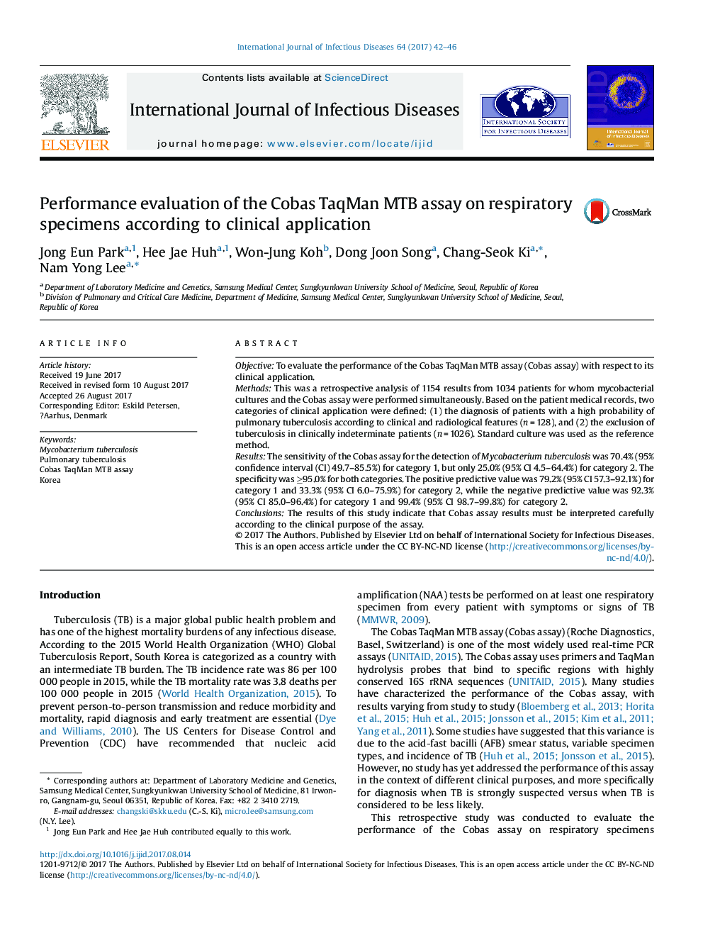 Performance evaluation of the Cobas TaqMan MTB assay on respiratory specimens according to clinical application