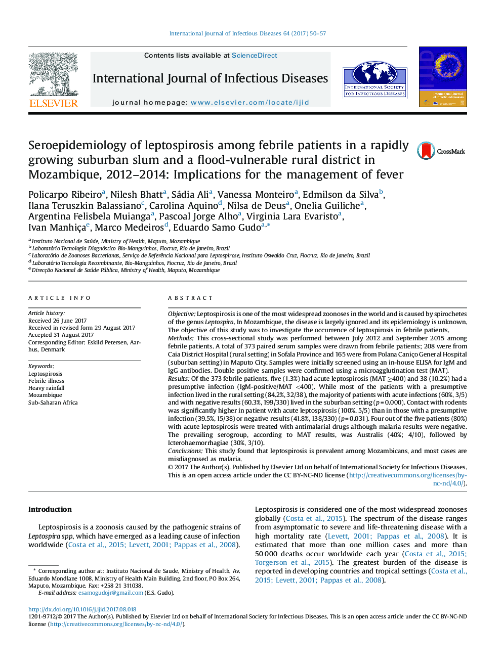 سرواپیدمیولوژی لپتوسپیروز در میان بیماران مبتلا به تب افتادگی در یک شکوفایی در حال رشد سریع و یک ناحیه روستایی آسیب پذیر در موزامبیک در سال 2012-2014: پیامدهای مدیریت تب 