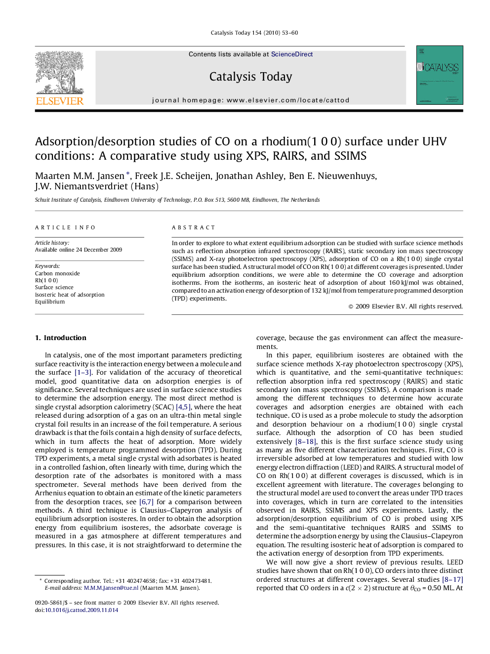 Adsorption/desorption studies of CO on a rhodium(1 0 0) surface under UHV conditions: A comparative study using XPS, RAIRS, and SSIMS