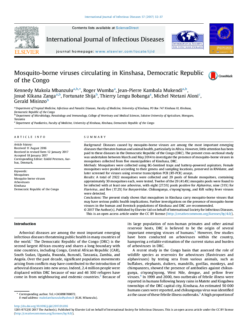 Mosquito-borne viruses circulating in Kinshasa, Democratic Republic of the Congo