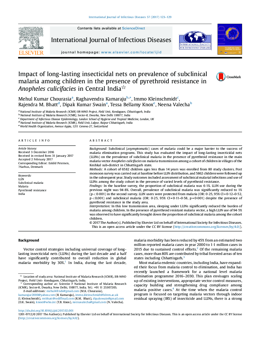 Impact of long-lasting insecticidal nets on prevalence of subclinical malaria among children in the presence of pyrethroid resistance in Anopheles culicifacies in Central India