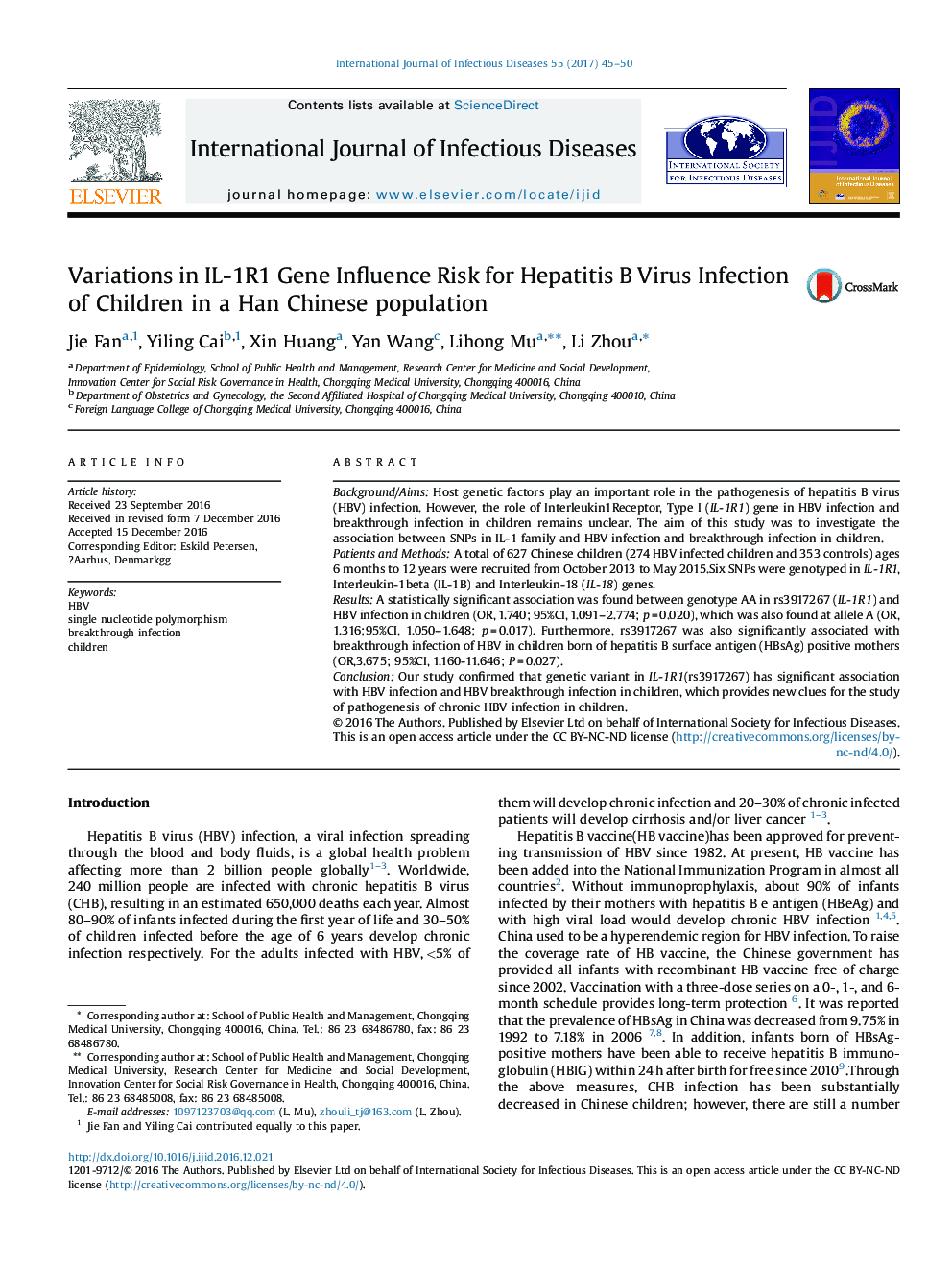 Variations in IL-1R1 Gene Influence Risk for Hepatitis B Virus Infection of Children in a Han Chinese population