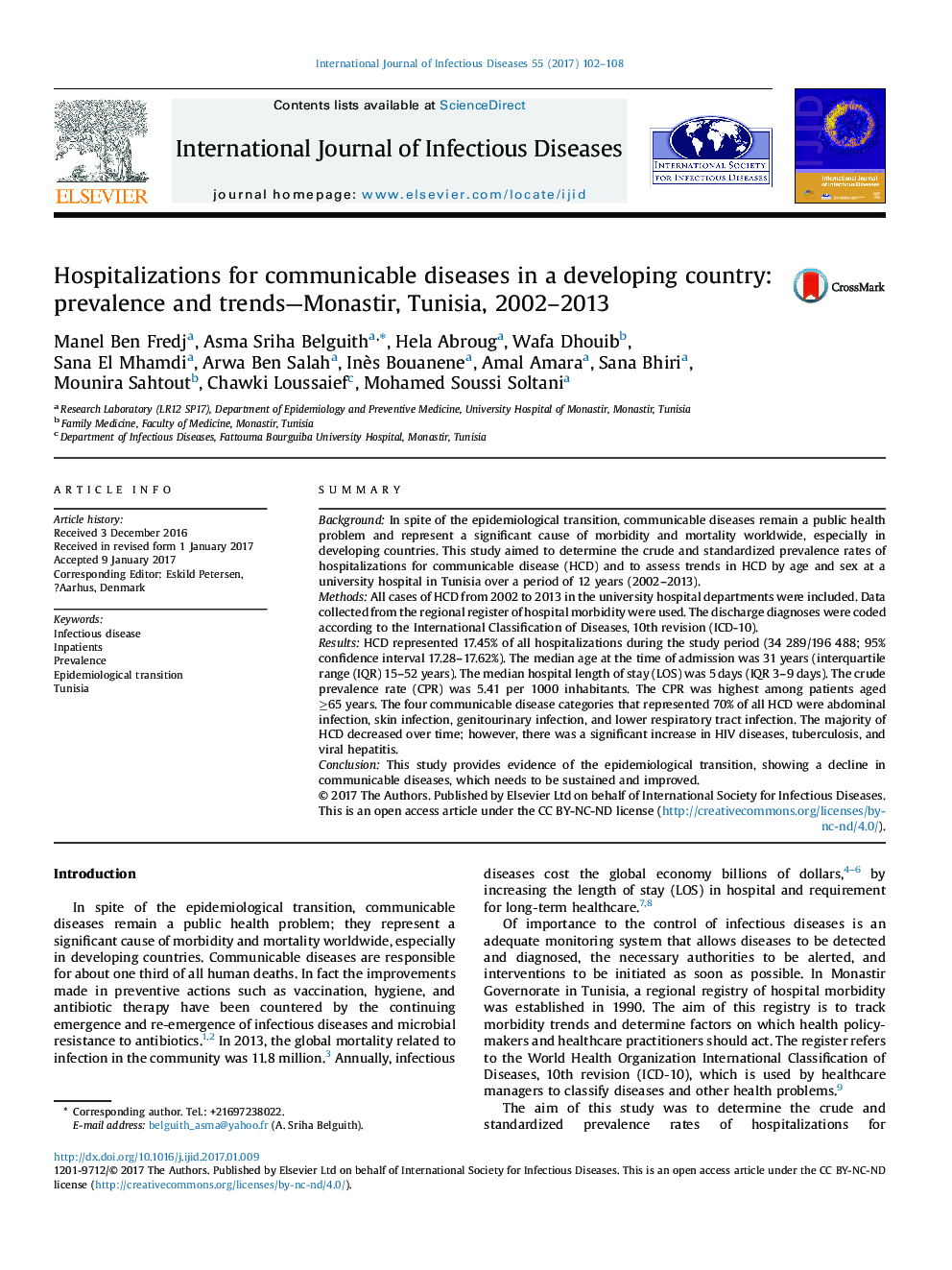 Hospitalizations for communicable diseases in a developing country: prevalence and trends-Monastir, Tunisia, 2002-2013