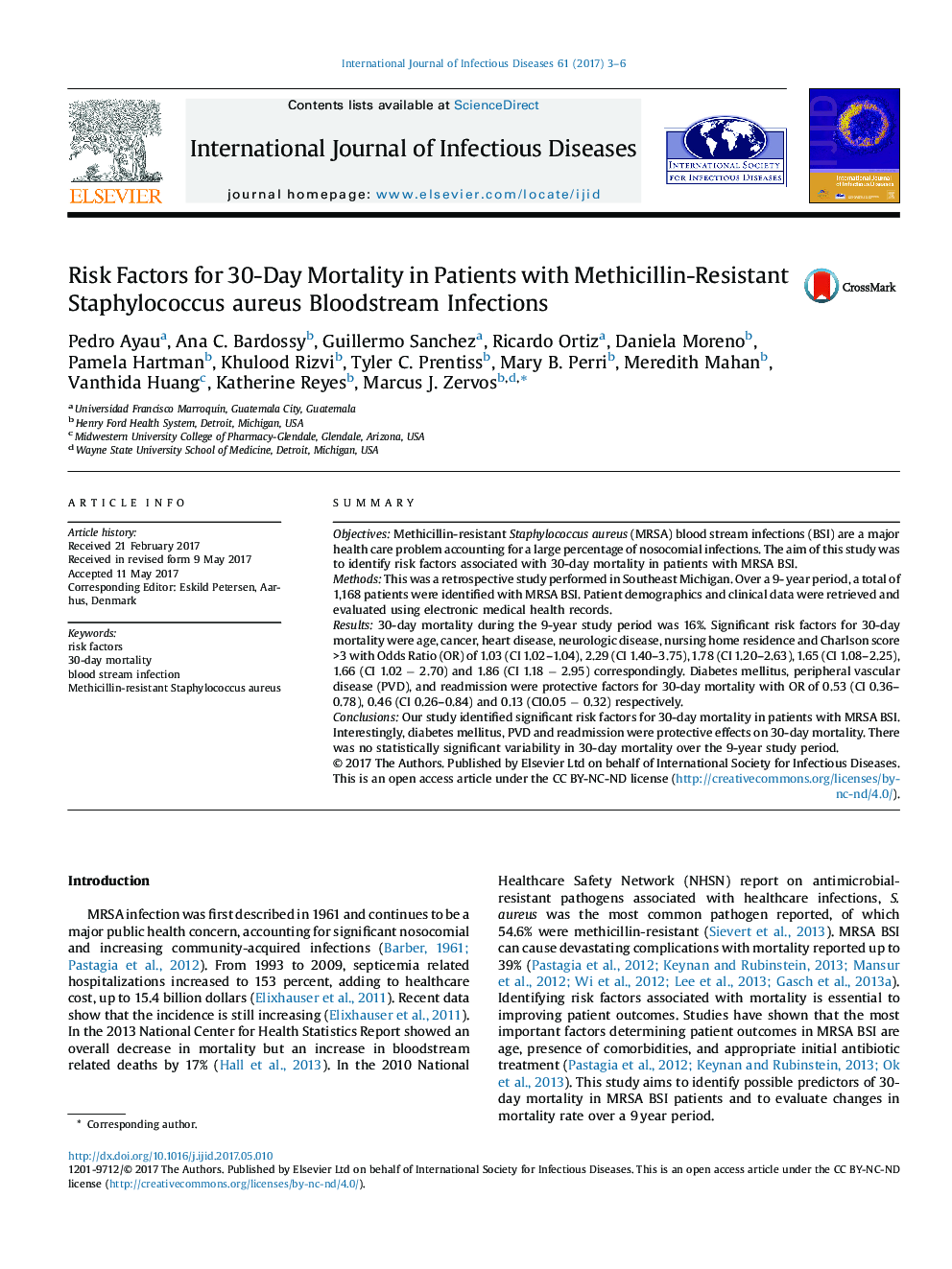 Risk Factors for 30-Day Mortality in Patients with Methicillin-Resistant Staphylococcus aureus Bloodstream Infections