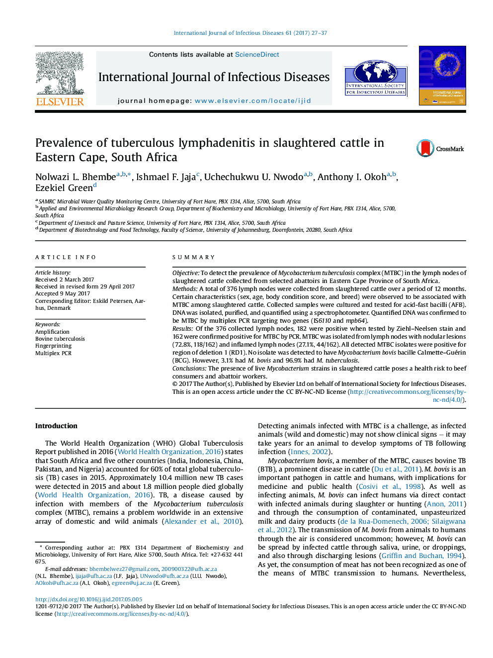 Prevalence of tuberculous lymphadenitis in slaughtered cattle in Eastern Cape, South Africa