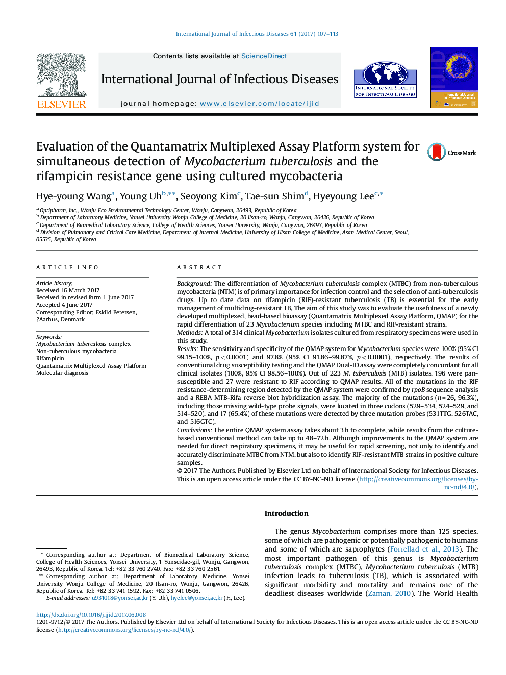 Evaluation of the Quantamatrix Multiplexed Assay Platform system for simultaneous detection of Mycobacterium tuberculosis and the rifampicin resistance gene using cultured mycobacteria