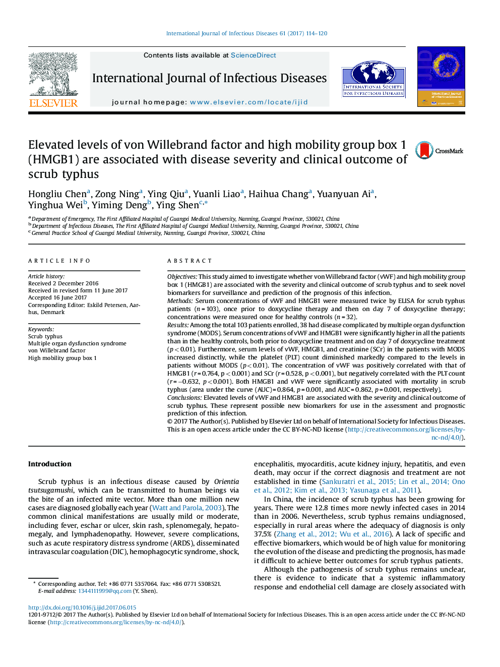 Elevated levels of von Willebrand factor and high mobility group box 1 (HMGB1) are associated with disease severity and clinical outcome of scrub typhus