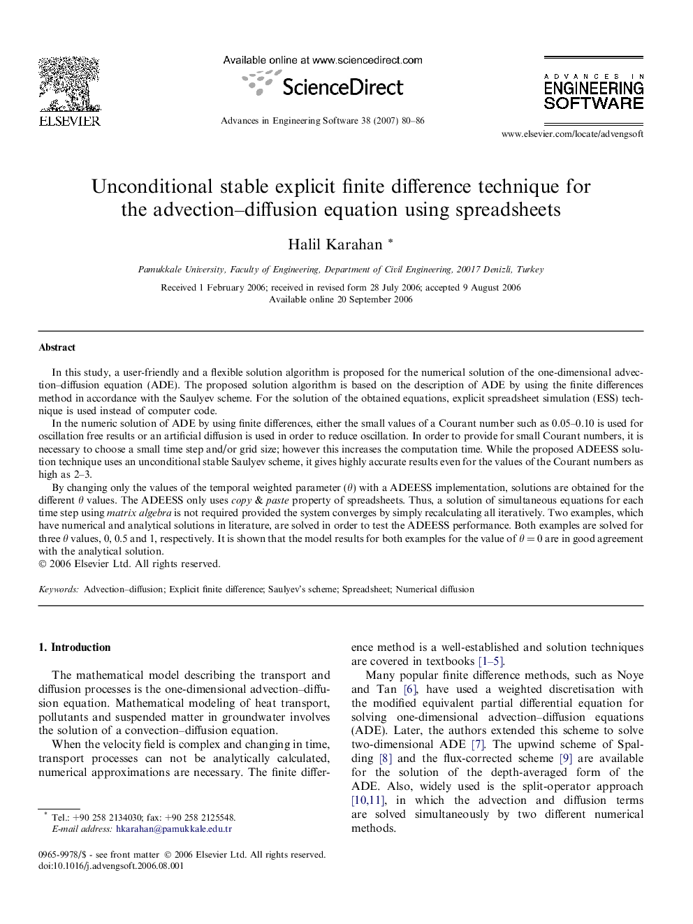 Unconditional stable explicit finite difference technique for the advection–diffusion equation using spreadsheets