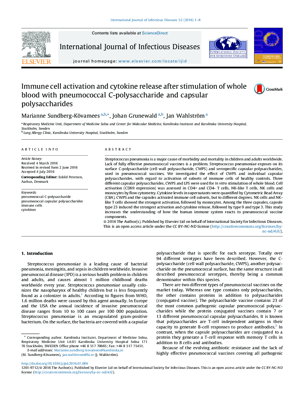 Immune cell activation and cytokine release after stimulation of whole blood with pneumococcal C-polysaccharide and capsular polysaccharides