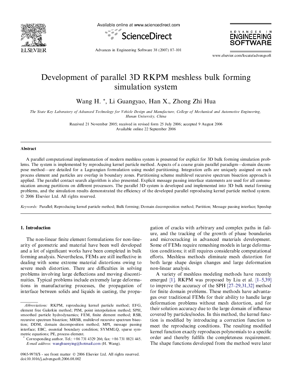 Development of parallel 3D RKPM meshless bulk forming simulation system