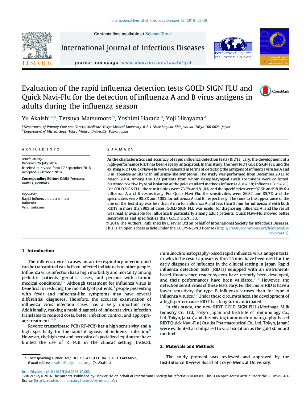 Evaluation of the rapid influenza detection tests GOLD SIGN FLU and Quick Navi-Flu for the detection of influenza A and B virus antigens in adults during the influenza season