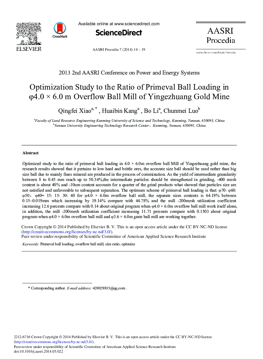 Optimization Study to the Ratio of Primeval Ball Loading in φ4.0 × 6.0 m Overflow Ball Mill of Yingezhuang Gold Mine 