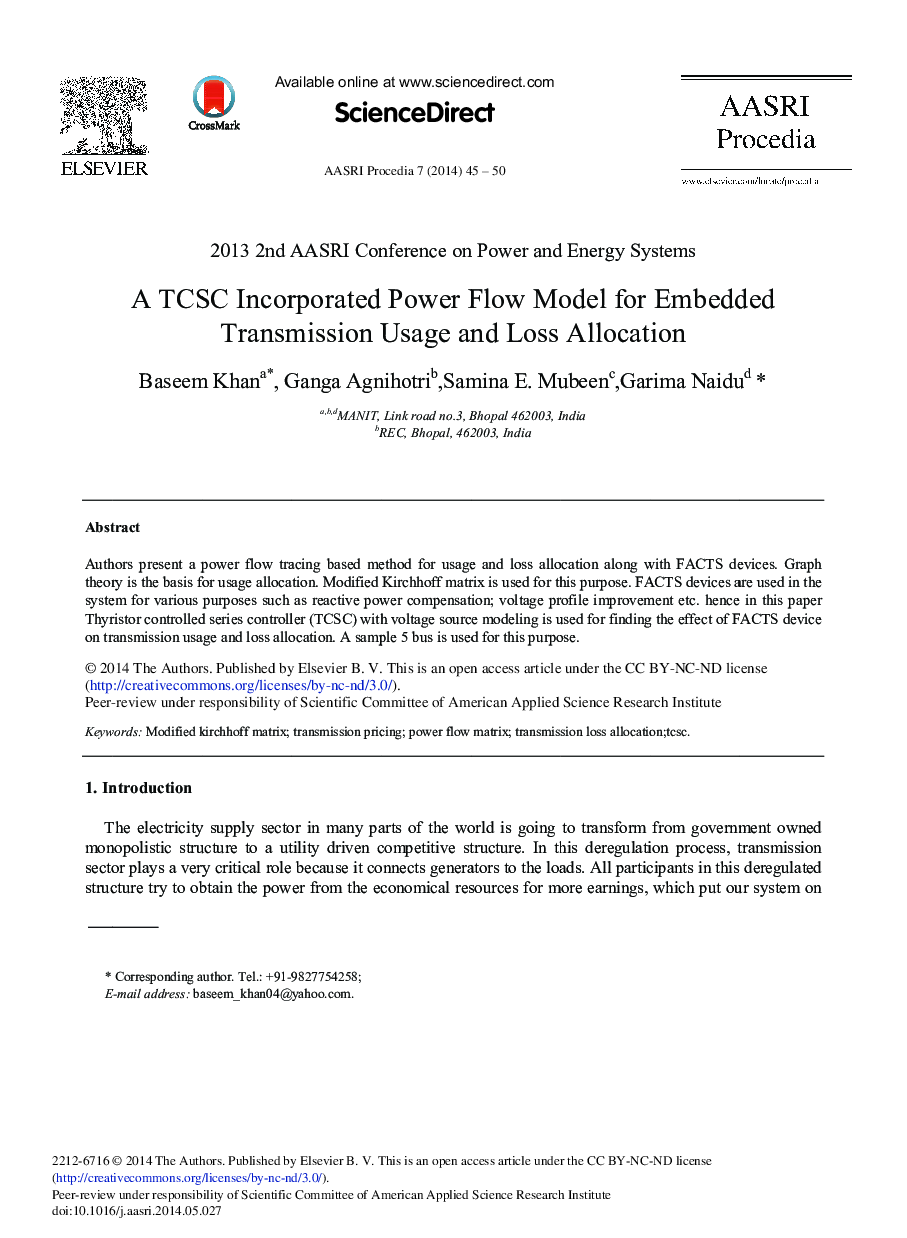 عکس صفحه اول مقاله: A TCSC Incorporated Power Flow Model for Embedded Transmission Usage and Loss Allocation A TCSC Incorporated Power Flow Model for Embedded Transmission Usage and Loss Allocation