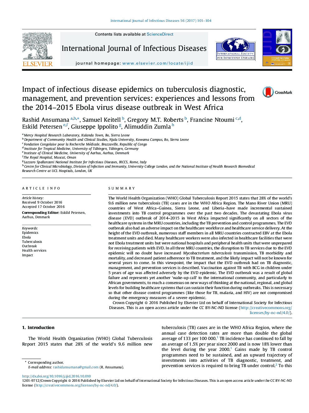 تأثیر بیماری همه گیر بیماری های عفونی در خدمات تشخیصی، مداخله و پیشگیری از بیماری سل: تجربیات و درس های بیماری ویروس ابولا 2014-2015 در غرب آفریقا 