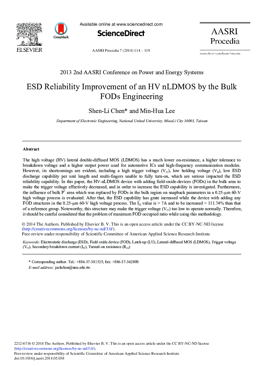 عکس صفحه اول مقاله: ESD Reliability Improvement of an HV nLDMOS by the Bulk FODs Engineering ESD Reliability Improvement of an HV nLDMOS by the Bulk FODs Engineering