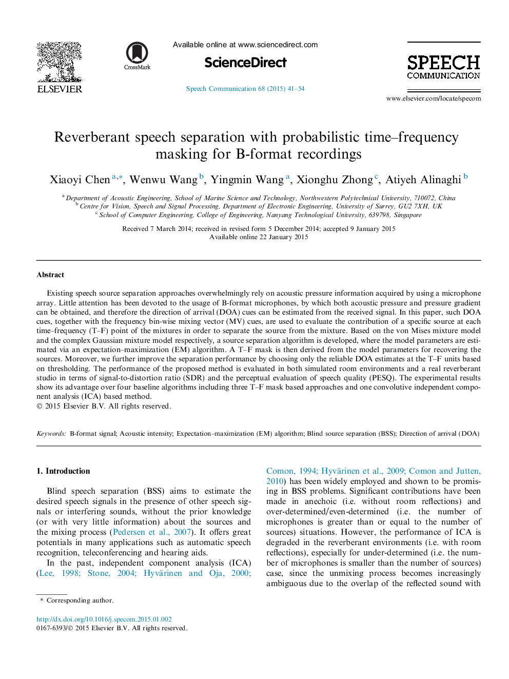 Reverberant speech separation with probabilistic time–frequency masking for B-format recordings