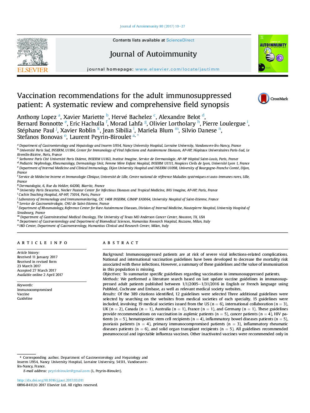 Vaccination recommendations for the adult immunosuppressed patient: A systematic review and comprehensive field synopsis