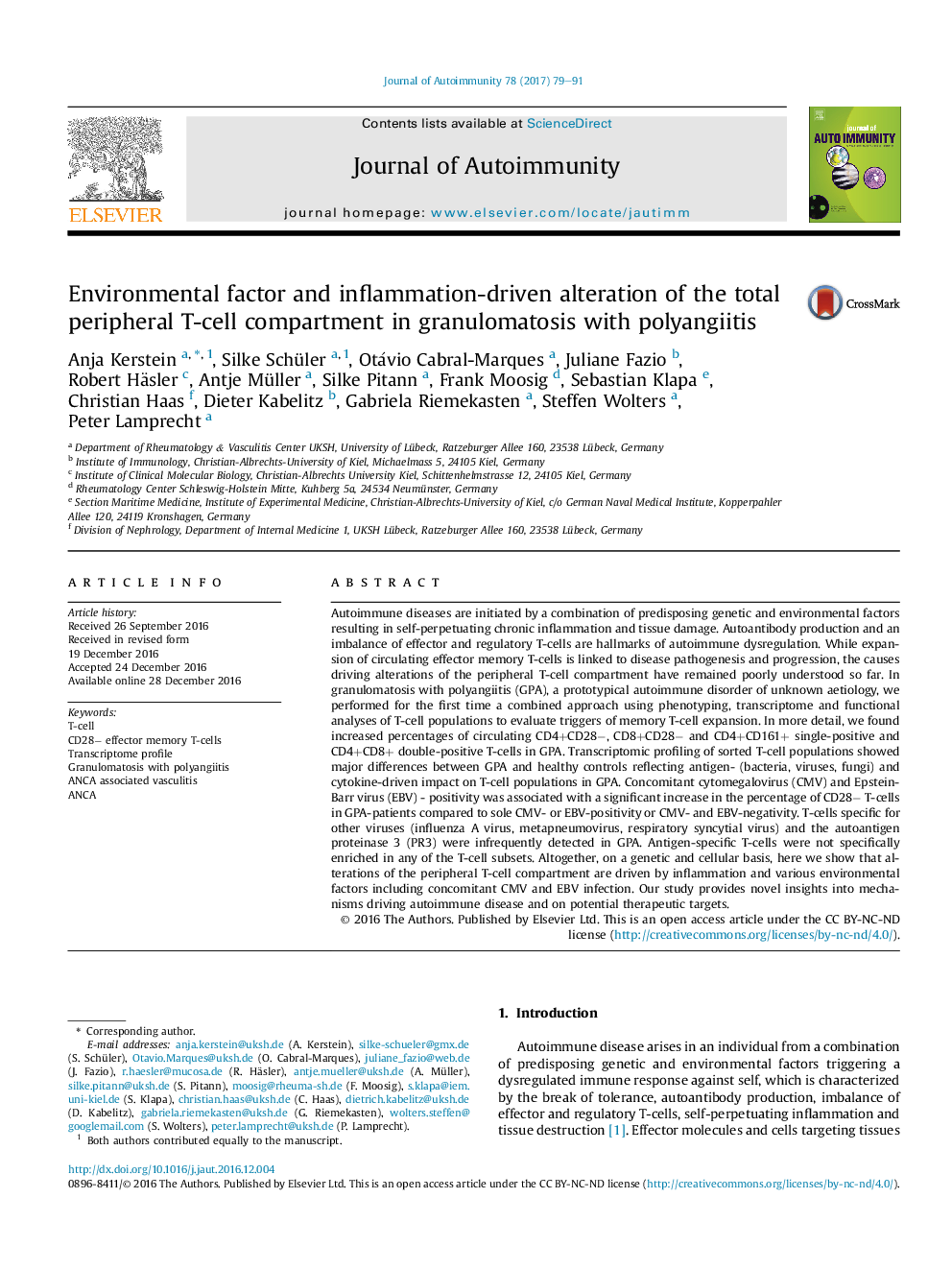 Environmental factor and inflammation-driven alteration of the total peripheral T-cell compartment in granulomatosis with polyangiitis