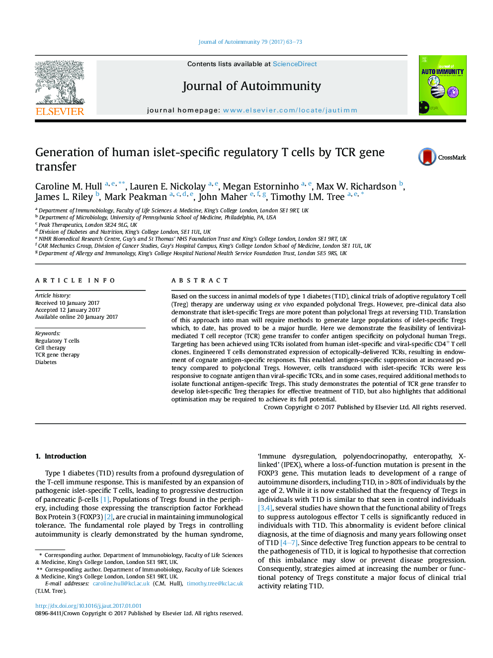 Generation of human islet-specific regulatory T cells by TCR gene transfer