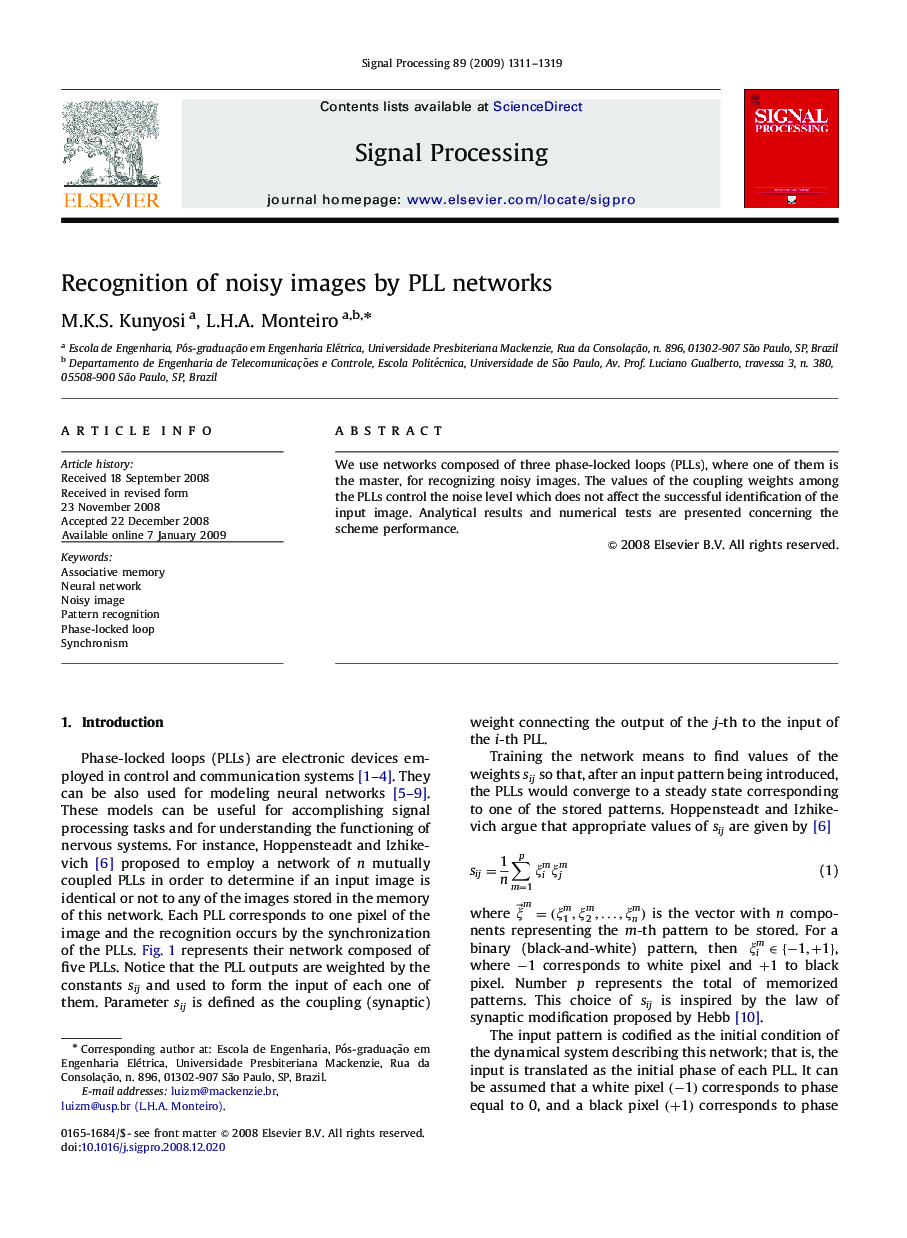 Recognition of noisy images by PLL networks