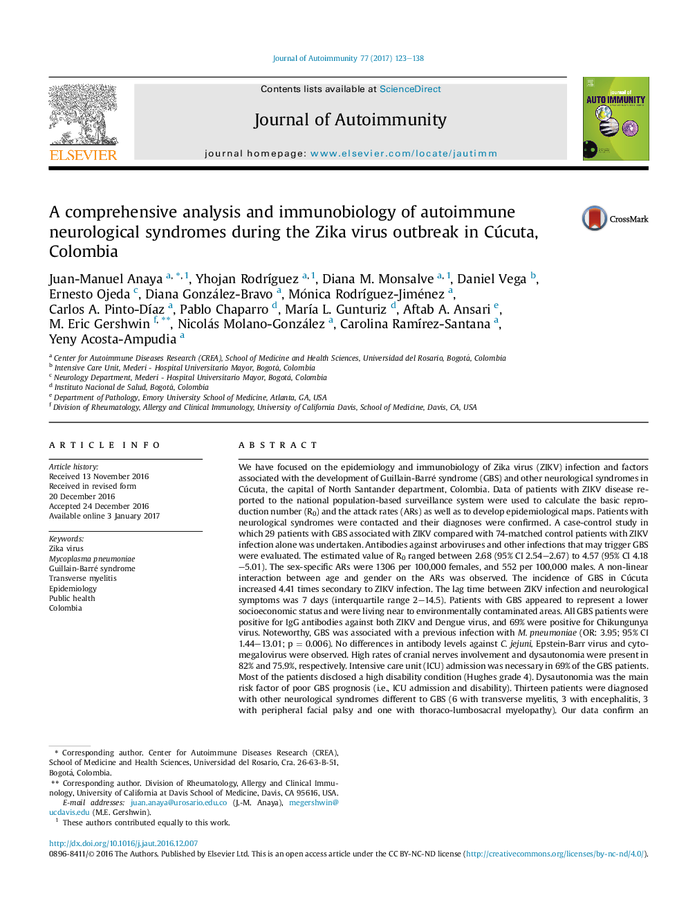 A comprehensive analysis and immunobiology of autoimmune neurological syndromes during the Zika virus outbreak in Cúcuta, Colombia