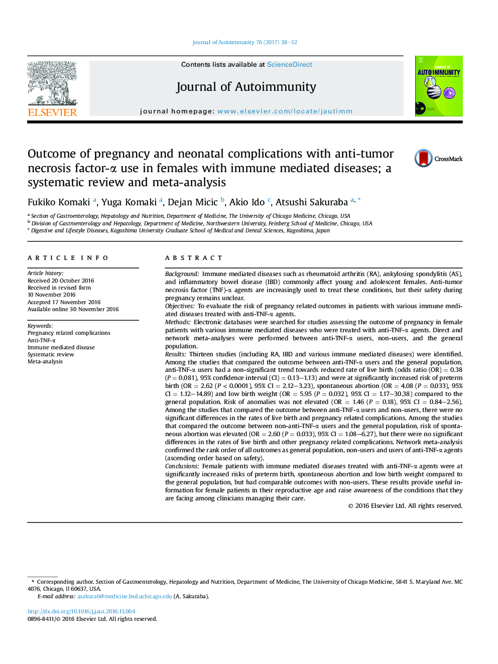 Outcome of pregnancy and neonatal complications with anti-tumor necrosis factor-Î± use in females with immune mediated diseases; a systematic review and meta-analysis