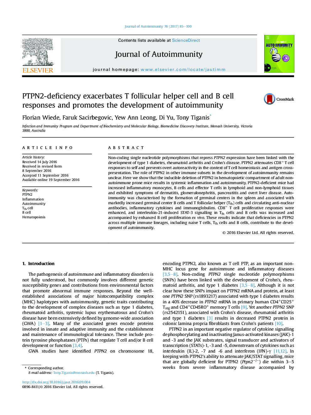 PTPN2-deficiency exacerbates T follicular helper cell and B cell responses and promotes the development of autoimmunity