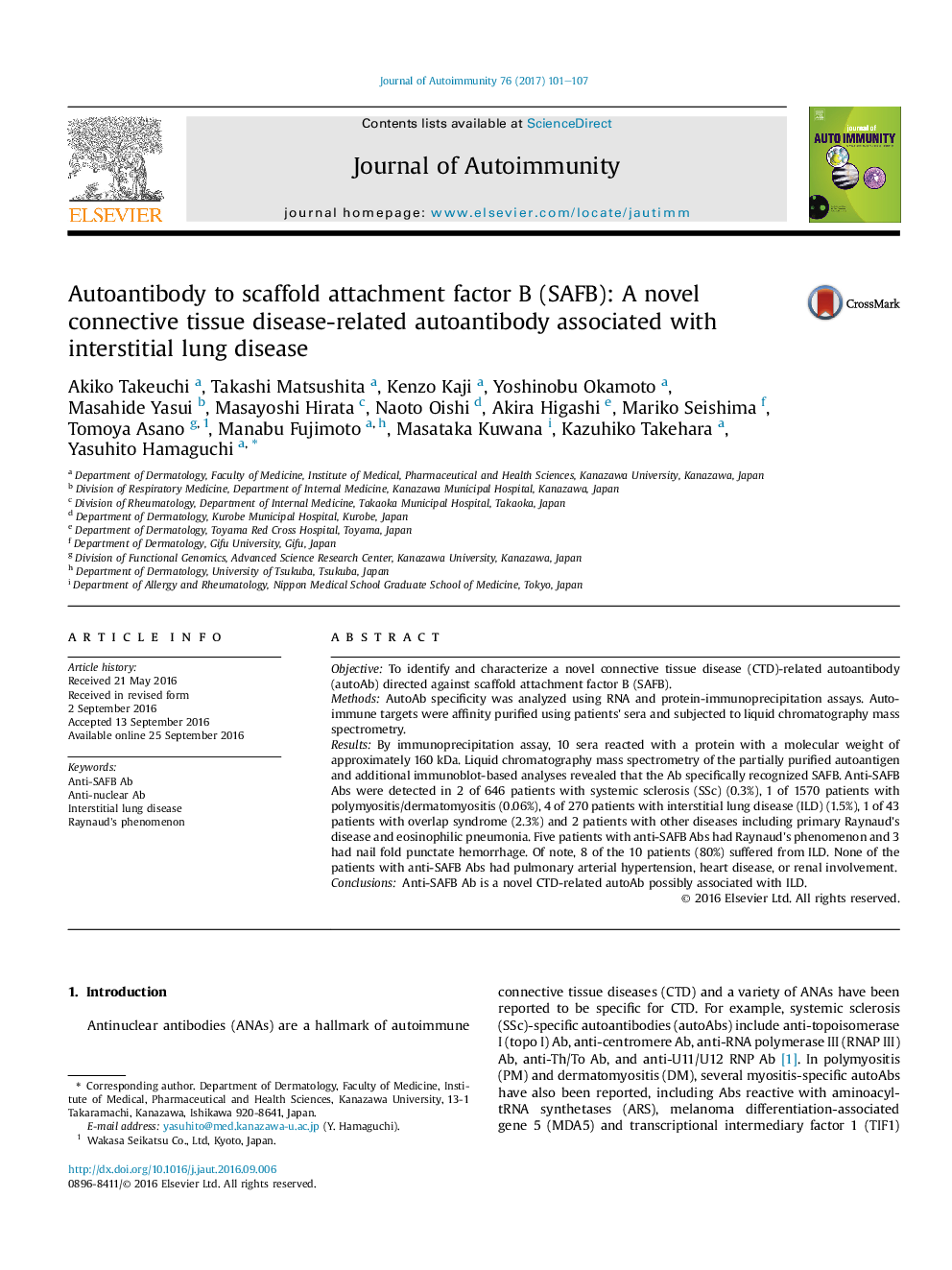 Autoantibody to scaffold attachment factor B (SAFB): A novel connective tissue disease-related autoantibody associated with interstitial lung disease