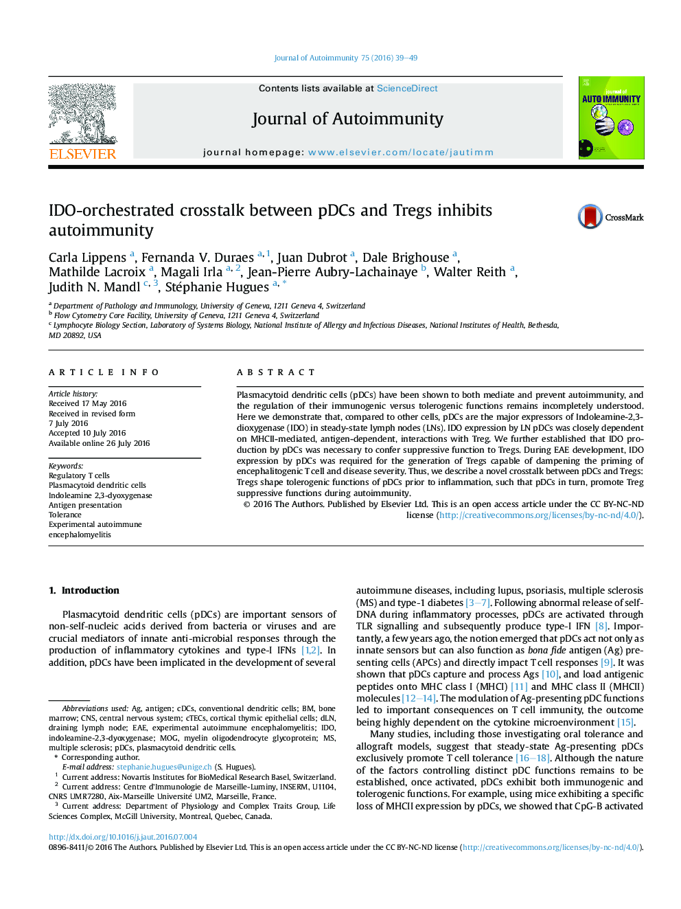 IDO-orchestrated crosstalk between pDCs and Tregs inhibits autoimmunity