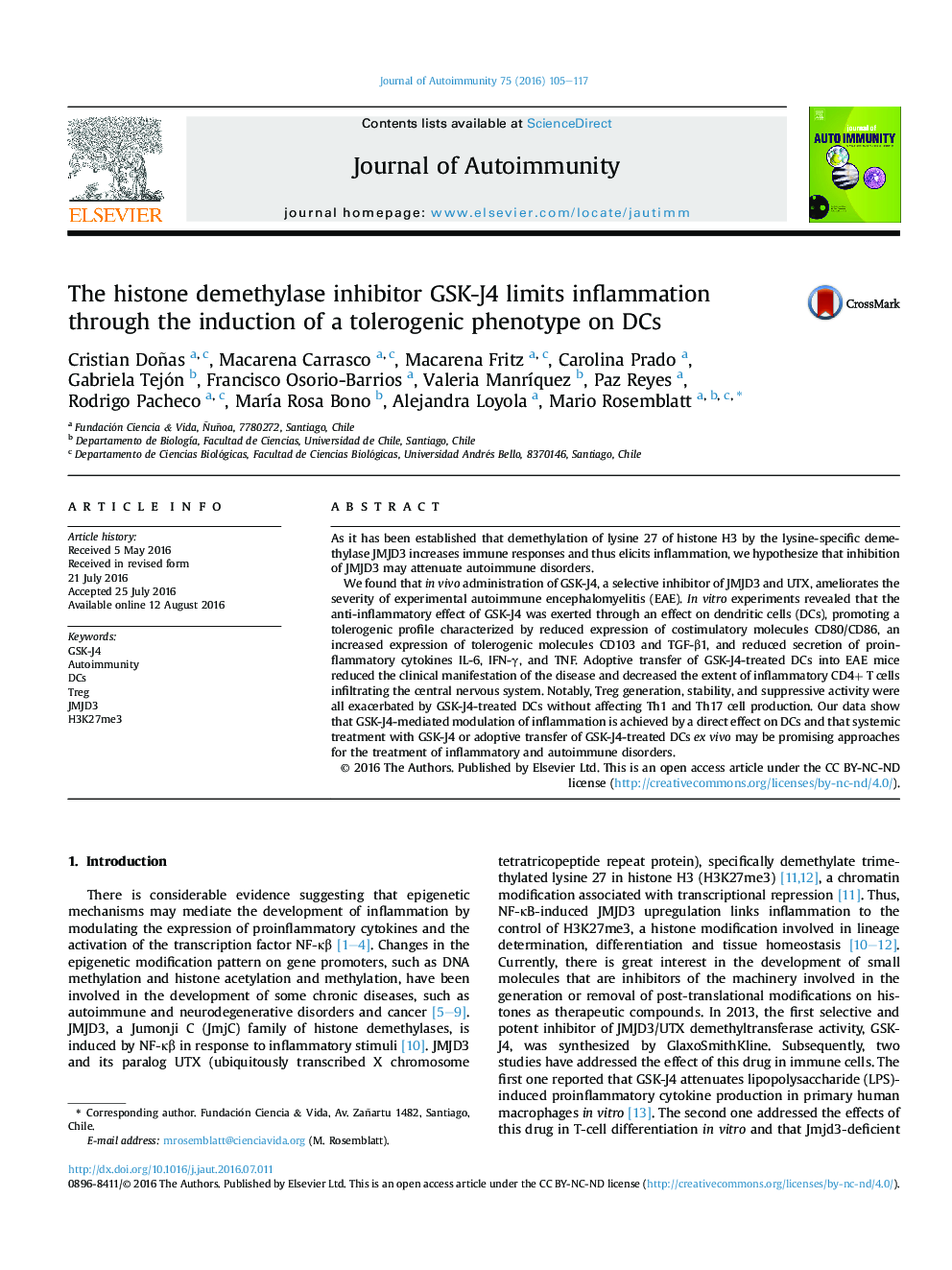 The histone demethylase inhibitor GSK-J4 limits inflammation through the induction of a tolerogenic phenotype on DCs