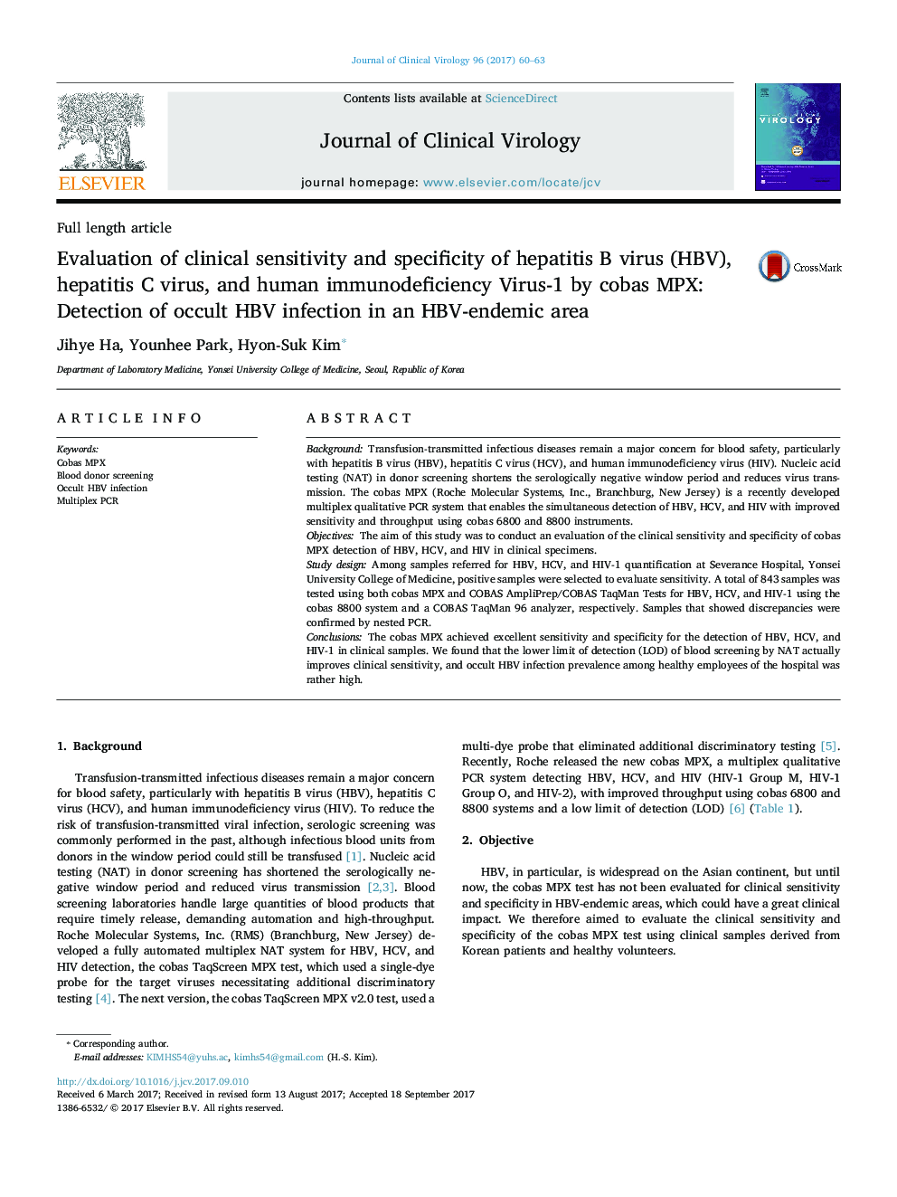 Evaluation of clinical sensitivity and specificity of hepatitis B virus (HBV), hepatitis C virus, and human immunodeficiency Virus-1 by cobas MPX: Detection of occult HBV infection in an HBV-endemic area