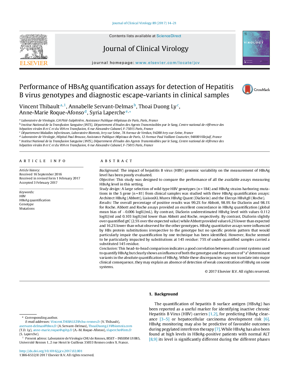 Performance of HBsAg quantification assays for detection of Hepatitis B virus genotypes and diagnostic escape-variants in clinical samples