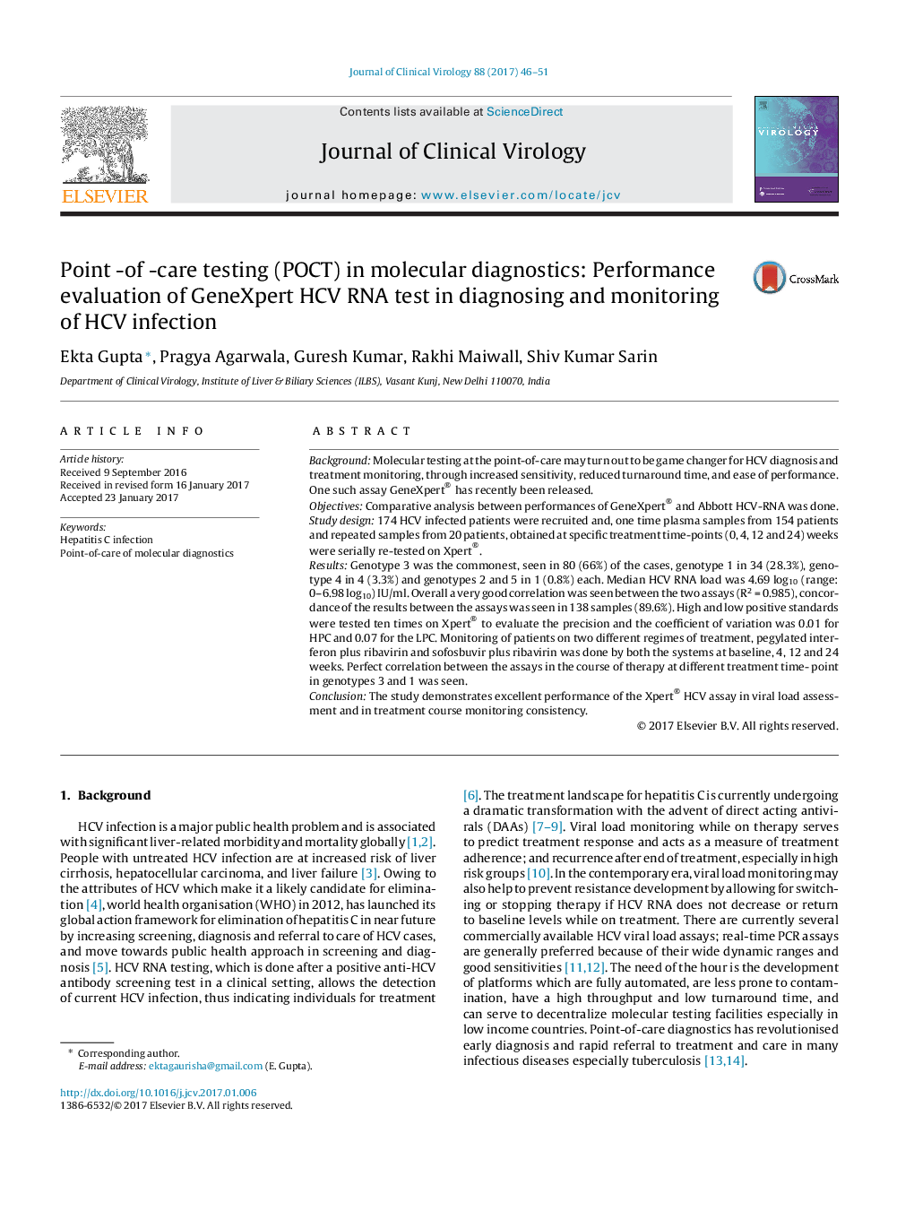 Point -of -care testing (POCT) in molecular diagnostics: Performance evaluation of GeneXpert HCV RNA test in diagnosing and monitoring of HCV infection