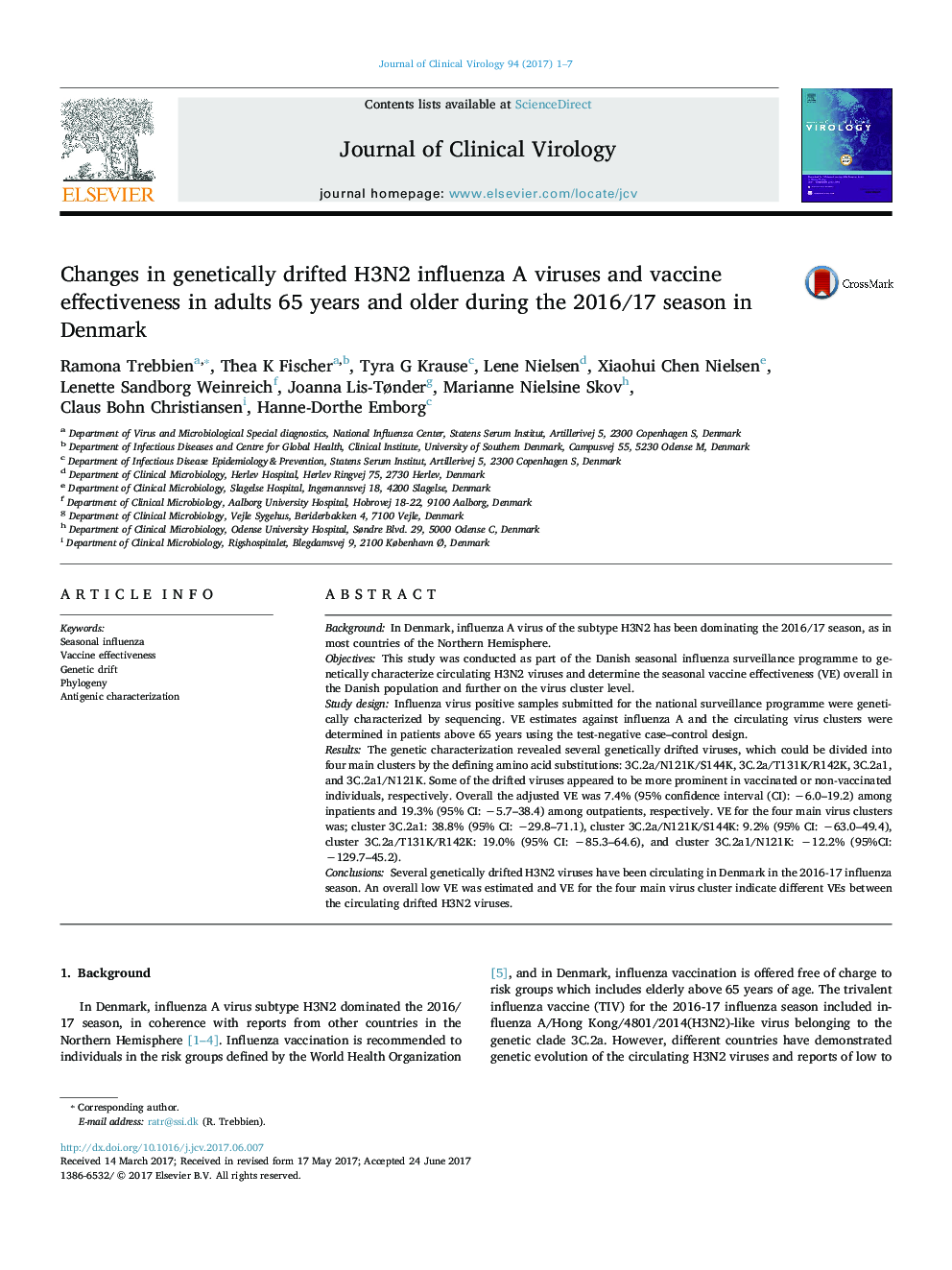 Changes in genetically drifted H3N2 influenza A viruses and vaccine effectiveness in adults 65 years and older during the 2016/17 season in Denmark