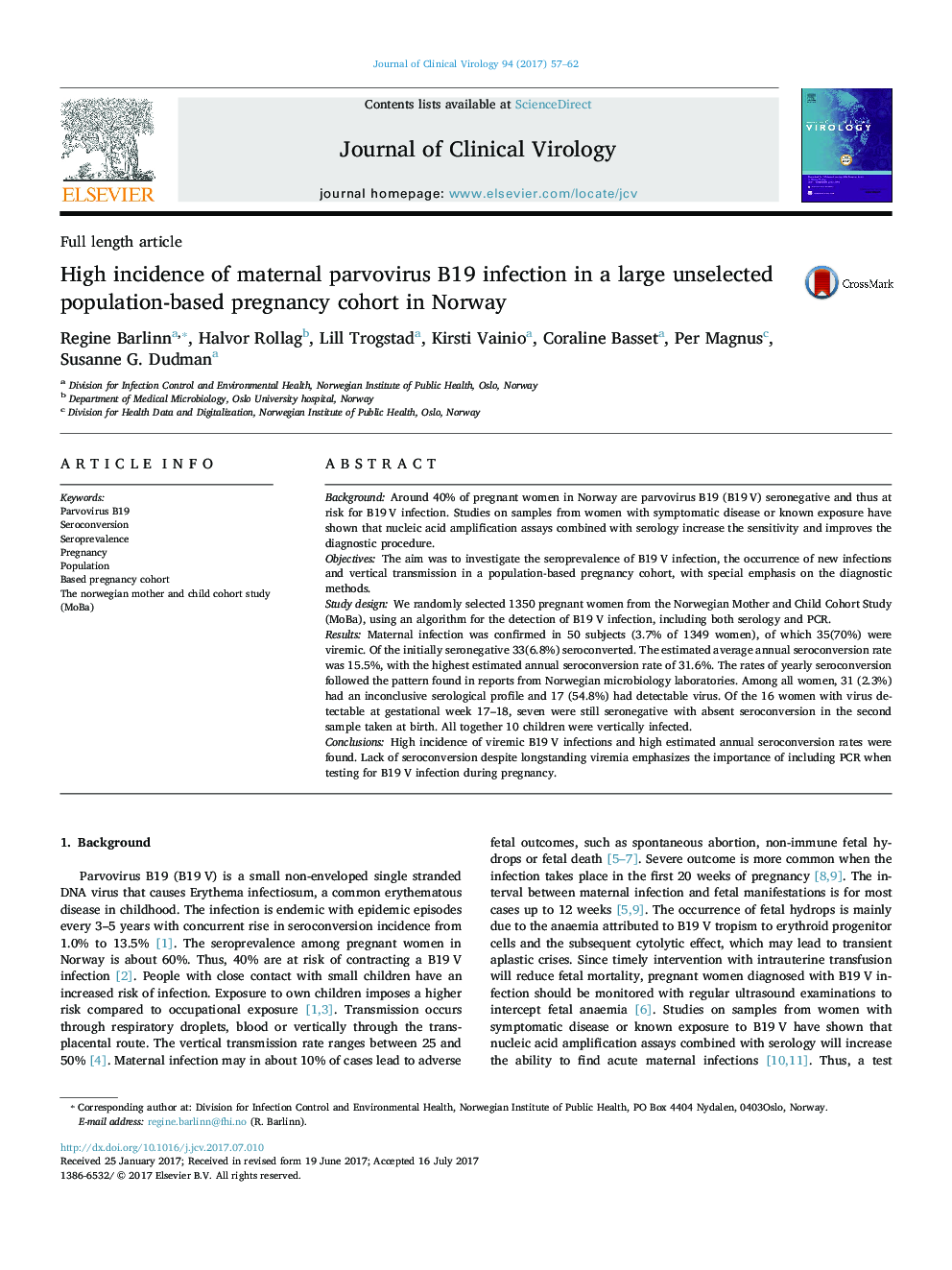 High incidence of maternal parvovirus B19 infection in a large unselected population-based pregnancy cohort in Norway