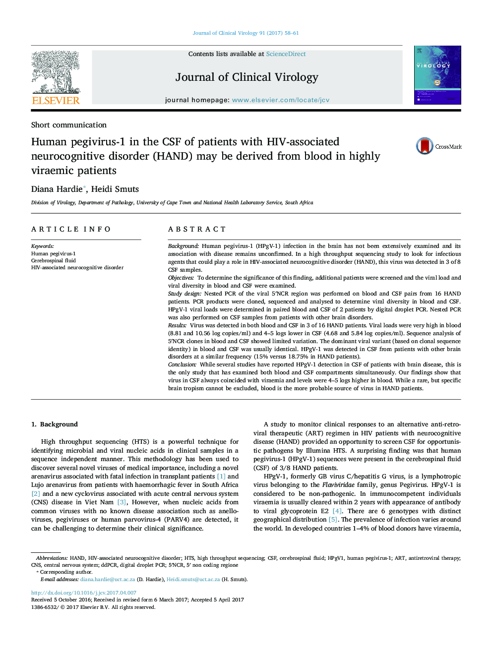 Human pegivirus-1 in the CSF of patients with HIV-associated neurocognitive disorder (HAND) may be derived from blood in highly viraemic patients