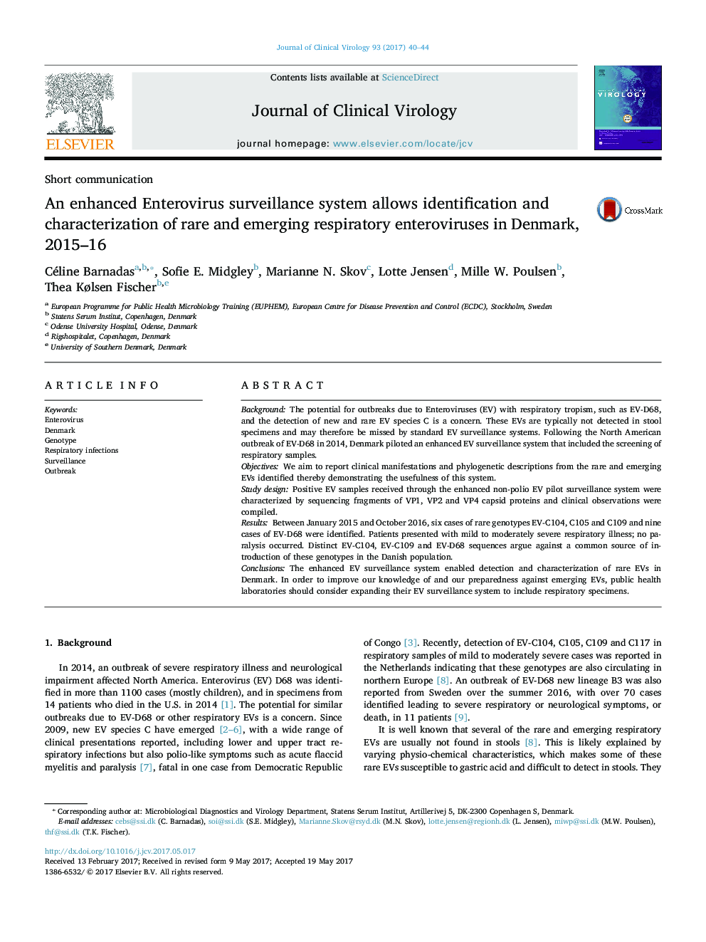 An enhanced Enterovirus surveillance system allows identification and characterization of rare and emerging respiratory enteroviruses in Denmark, 2015-16