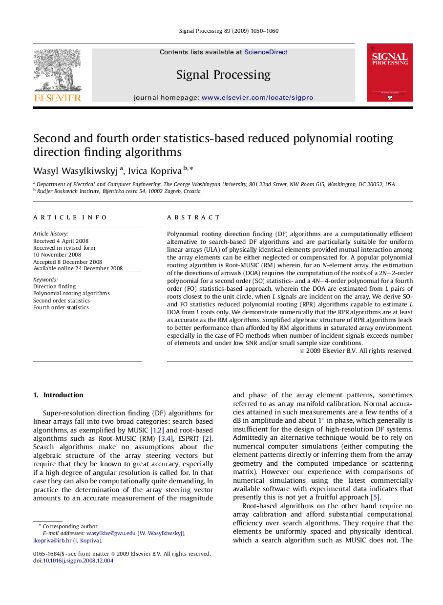 Second and fourth order statistics-based reduced polynomial rooting direction finding algorithms