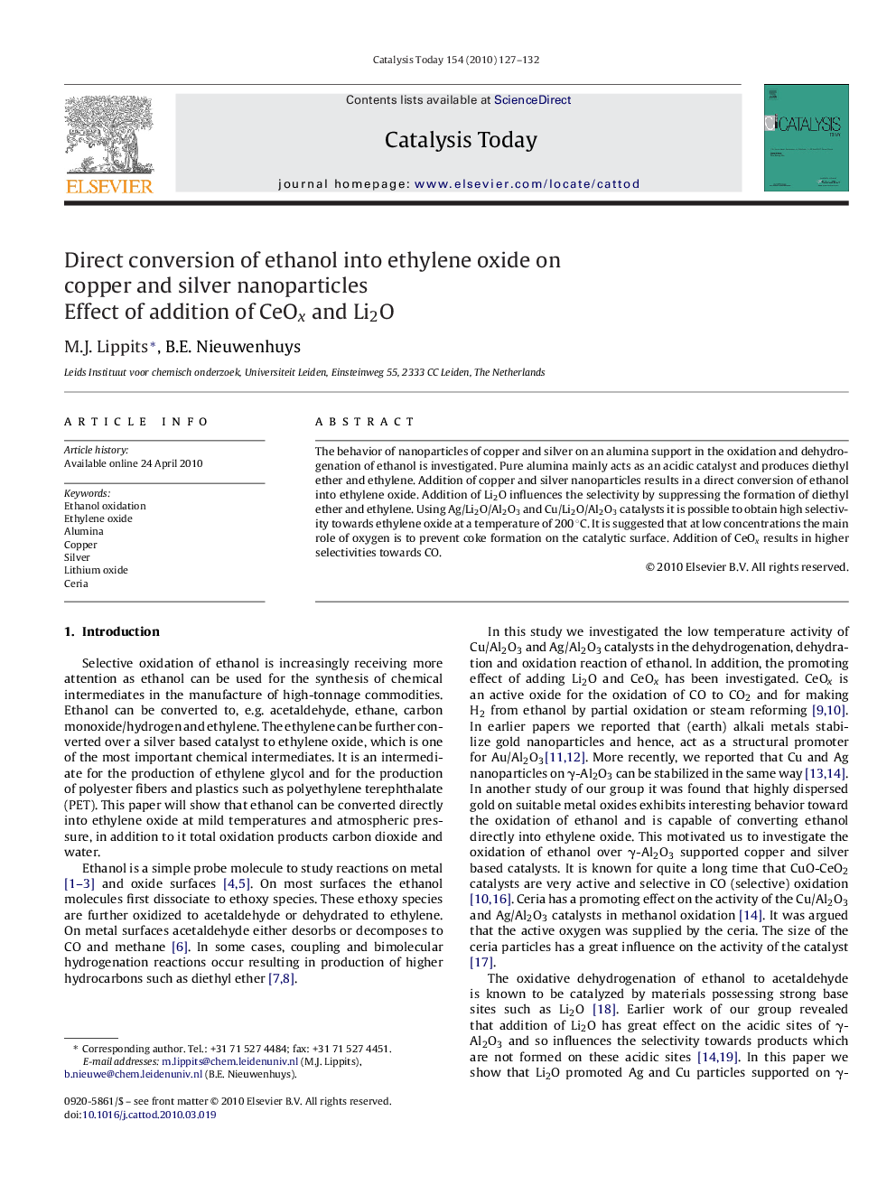 عکس صفحه اول مقاله: Direct conversion of ethanol into ethylene oxide on copper and silver nanoparticles: Effect of addition of CeOx and Li2O Direct conversion of ethanol into ethylene oxide on copper and silver nanoparticles: Effect of addition of CeOx and Li2O
