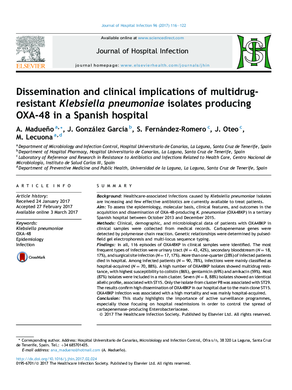 Dissemination and clinical implications of multidrug-resistant Klebsiella pneumoniae isolates producing OXA-48 in a Spanish hospital