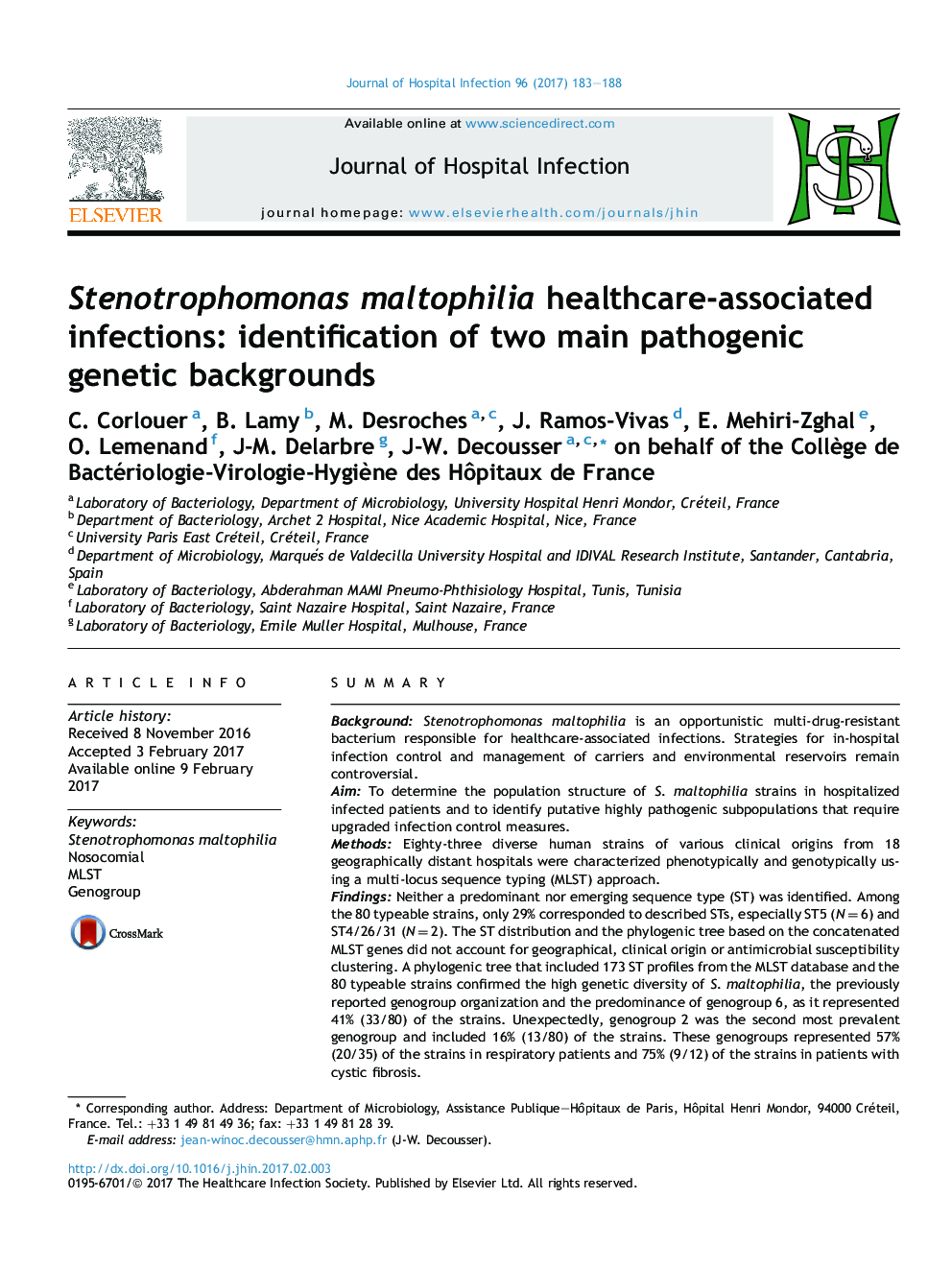 Stenotrophomonas maltophilia healthcare-associated infections: identification of two main pathogenic genetic backgrounds