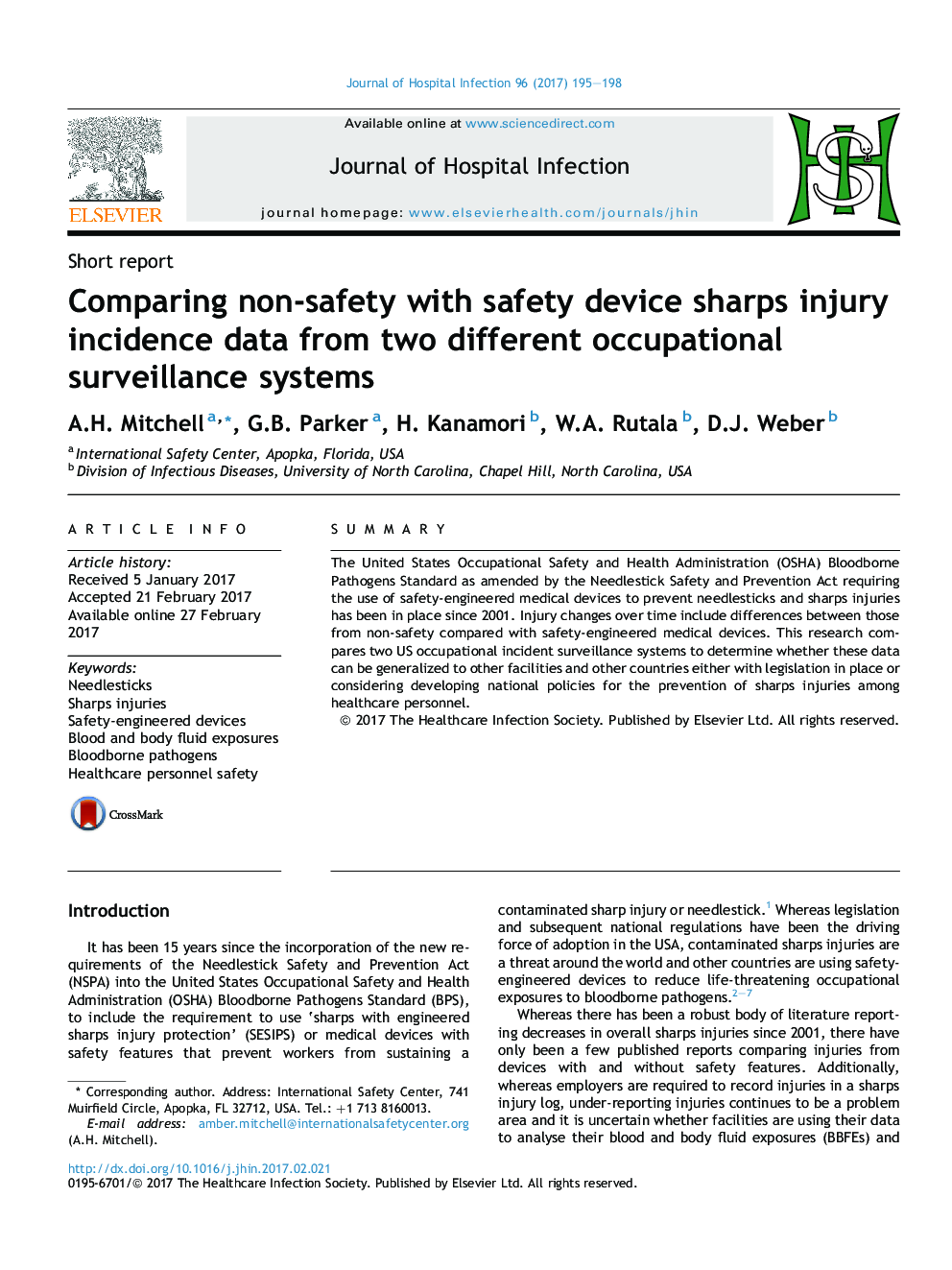 Comparing non-safety with safety device sharps injury incidence data from two different occupational surveillance systems