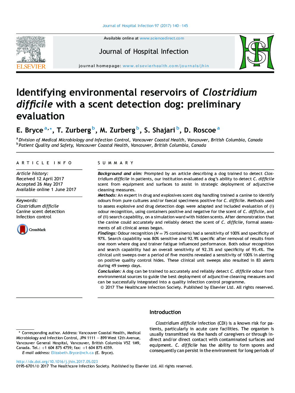 Identifying environmental reservoirs of Clostridium difficile with a scent detection dog: preliminary evaluation