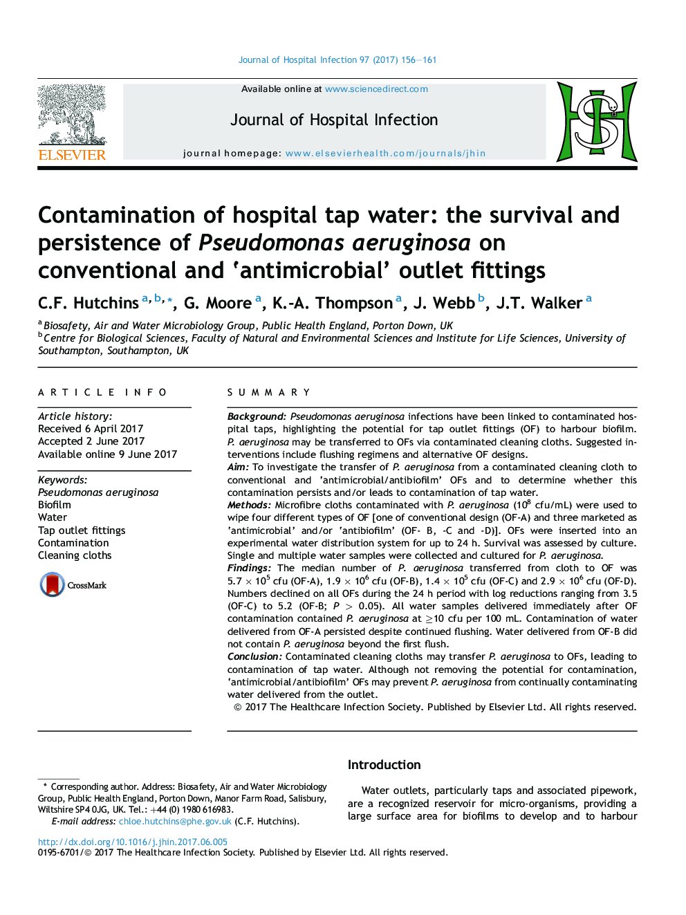 Contamination of hospital tap water: the survival and persistence of Pseudomonas aeruginosa on conventional and 'antimicrobial' outlet fittings