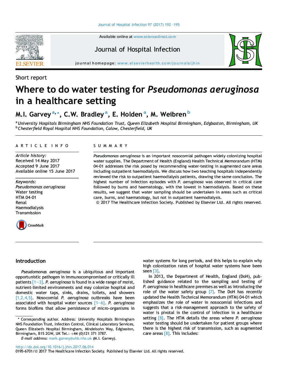 Where to do water testing for Pseudomonas aeruginosa in a healthcare setting